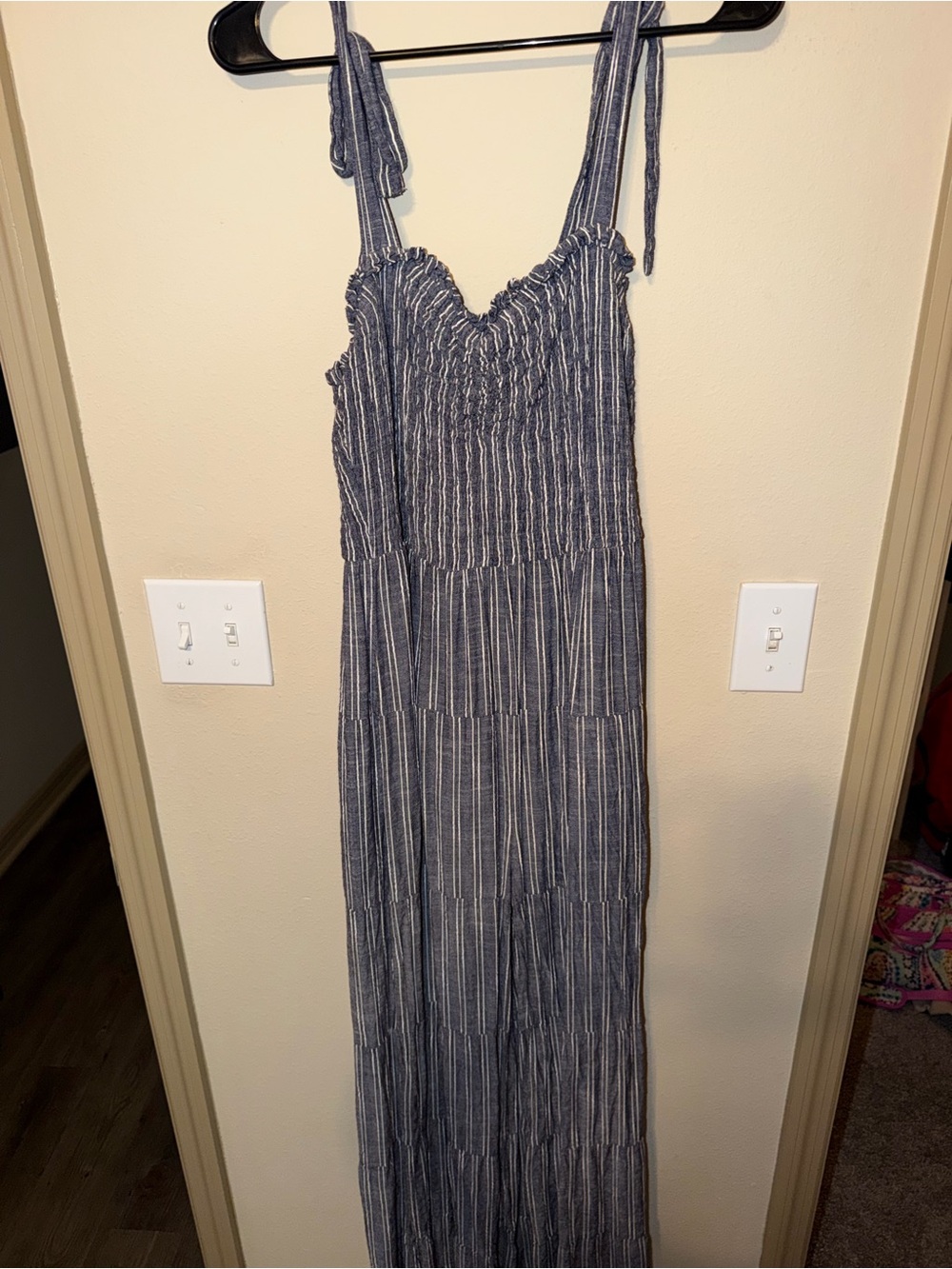 En Creme Blue and White Striped Tie-Shoulder Jumpsuit